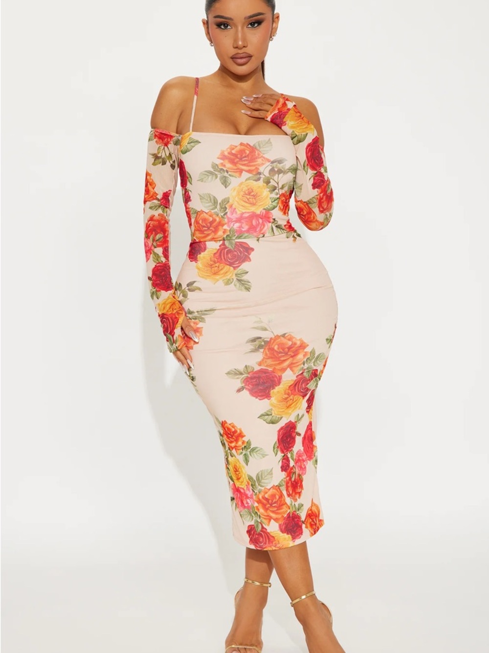 Fashion Nova Blush Midi Dress with Red & Yellow Rose Print
